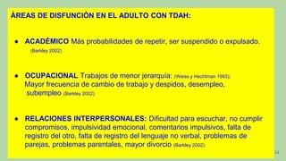 ÁREAS DE DISFUNCIÓN EN EL ADULTO CON TDAH:
● ACADÉMICO Más probabilidades de repetir, ser suspendido o expulsado.
(Barkley 2002)
● OCUPACIONAL Trabajos de menor jerarquía: (Weiss y Hechtman 1993);
Mayor frecuencia de cambio de trabajo y despidos, desempleo,
subempleo (Barkley 2002)
● RELACIONES INTERPERSONALES: Dificultad para escuchar, no cumplir
compromisos, impulsividad emocional, comentarios impulsivos, falta de
registro del otro, falta de registro del lenguaje no verbal, problemas de
parejas, problemas parentales, mayor divorcio (Barkley 2002)
12
 