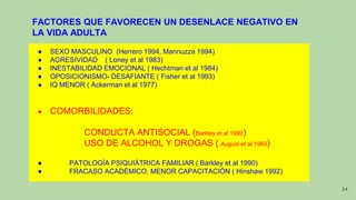 FACTORES QUE FAVORECEN UN DESENLACE NEGATIVO EN
LA VIDA ADULTA
● SEXO MASCULINO (Herrero 1994, Mannuzza 1994)
● AGRESIVIDAD ( Loney et al 1983)
● INESTABILIDAD EMOCIONAL ( Hechtman et al 1984)
● OPOSICIONISMO- DESAFIANTE ( Fisher et al 1993)
● IQ MENOR ( Ackerman et al 1977)
● COMORBILIDADES:
CONDUCTA ANTISOCIAL (Barkley et al 1990)
USO DE ALCOHOL Y DROGAS ( August et al 1983)
● PATOLOGÍA PSIQUIÁTRICA FAMILIAR ( Barkley et al 1990)
● FRACASO ACADÉMICO, MENOR CAPACITACIÓN ( Hinshaw 1992)
24
 