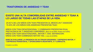 TRASTORNOS DE ANSIEDAD Y TDAH
EXISTE UNA ALTA COMORBILIDAD ENTRE ANSIEDAD Y TDAH A
LO LARGO DE TODAS LAS ETAPAS DE LA VIDA.
25-40 % DE LOS NIÑOS CON TDAH PRESENTAN AL MENOS UN T ANSIEDAD
15-30% DE LOS NIÑOS CON ANSIEDAD PRESENTAN TDAH
NIÑOS CON TDAH DESATENCIONAL Y COMBINADO PRESENTAN IGUAL
PREVALENCIA DE T ANSIEDAD COMÓRBIDO (Byun et al 2006, Power et al 2004)
NIÑAS CON TDAH DESATENCIONAL, MAYOR T. ANS. SEPARACION
NIÑAS CON TDAH COMBINADO MAYOR TAG. ( Levy et al 2005).
DEBE DE EVALUARSE LA PRESENCIA DE UN TERCER DESORDEN: T.DEPRESIVO MAYOR, Y
T.DEPRESIVO PERSISTENTE, T OPOSICIONISTA DESAFIANTE, O T CONDUCTA.
( Costello et al 2003)
34
 