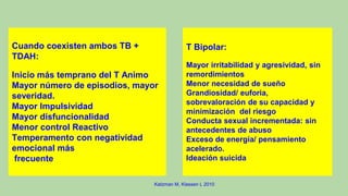 Cuando coexisten ambos TB +
TDAH:
Inicio más temprano del T Animo
Mayor número de episodios, mayor
severidad.
Mayor Impulsividad
Mayor disfuncionalidad
Menor control Reactivo
Temperamento con negatividad
emocional más
frecuente
T Bipolar:
Mayor irritabilidad y agresividad, sin
remordimientos
Menor necesidad de sueño
Grandiosidad/ euforia,
sobrevaloración de su capacidad y
minimización del riesgo
Conducta sexual incrementada: sin
antecedentes de abuso
Exceso de energía/ pensamiento
acelerado.
Ideación suicida
Katzman M, Klassen L 2010
 