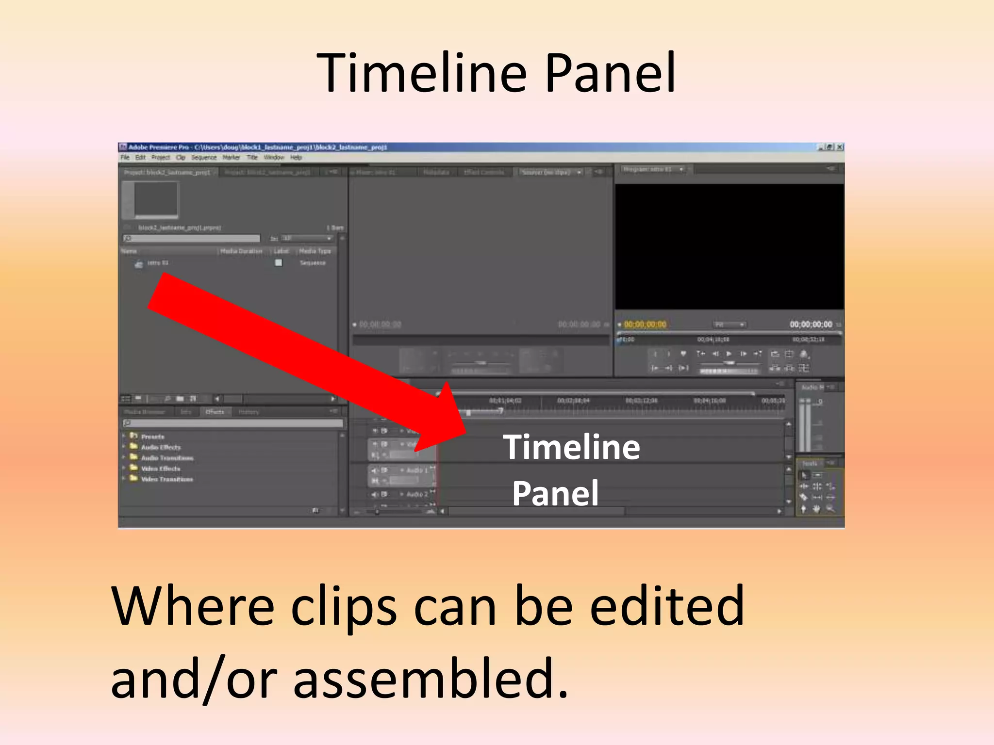 Timeline PanelTimeline PanelWhere clips can be edited and/or assembled.