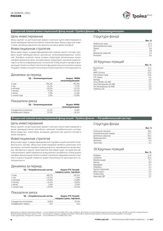 28 НОЯБРЯ | 2011
РОССИЯ




 Открытый паевой инвестиционный фонд акций «Тройка Диалог – Телекоммуникации»

Цель инвестирования                                                                                 Структура фонда
Фонд нацелен на долгосрочный прирост капитала путем инвестирования в                                                                                               Вес, %
акции преимущественно российских компаний связи. Фонд создан для инве-
                                                                                                    Мобильная связь                                                      67,3
сторов, желающих увеличить вес данного сектора в своем портфеле.                                    Фиксированная связь                                                  17,7
Инвестиционная стратегия                                                                            Медиа
                                                                                                    ИТ
                                                                                                                                                                          6,4
                                                                                                                                                                          4,8
Фонд инвестирует в диверсифицированный в рамках одного сектора порт-                                Денежные средства                                                     3,2
фель акций преимущественно российских телекоммуникационных компа-                                   Интернет                                                              0,6
ний. Портфель включает акции сотовых операторов, региональных компа-
ний фиксированной связи, альтернативных операторов, компаний медиасек-
тора и сегмента информационных технологий. Отбор акций в портфель фон-                              10 Крупных позиций
да осуществляется на базе тщательного фундаментального анализа и оценки                                                                                           Вес, %
текущей стоимости акций относительно их долгосрочного потенциала роста.                             Вымпелком                                                        17,4
                                                                                                    МТС                                                              16,4
                                                                                                    АФК Система                                                      15,6
Динамика за период                                                                                  Ростелеком прив.                                                 13,0
                                                                                                    СТС медиа                                                         6,4
                     ТД – Телекоммуникации                       Индекс ММВБ
                                                                                                    Армада                                                            4,8
                                                            телекоммуникации
                                                                                                    China Mobile Ltd ADR                                              3,7
3 года                                    396,2%                          187,8%                    Vivo Participacoes SA ADR                                         3,5
1 год                                      14,7%                           –3,7%                    Tim Participacoes SA ADR                                          3,0
6 месяцев                                 –10,2%                          –15,7%                    Telefonica SA                                                     2,9
3 месяца                                   –9,7%                          –19,1%
1 месяц                                     7,9%                           12,2%
С начала года                               2,2%                          –13,0%


Показатели риска
                     ТД – Телекоммуникации                       Индекс ММВБ
                                                             телекомуникации
Стандартное отклонение                     21,7%                           25,0%
Коэффициент Шарпа                          55,2%                          –26,1%


Открытый паевой инвестиционный фонд акций «Тройка Диалог – Потребительский сектор»

Цель инвестирования                                                                                 Структура фонда
Фонд нацелен на долгосрочный прирост капитала путем инвестирования в
                                                                                                                                                                   Вес, %
акции преимущественно российских компаний потребительского сектора.
Фонд создан для инвесторов, желающих увеличить вес данного сектора в                                Розничная торговля                                               28,4
                                                                                                    Потребительские товары                                           22,7
своем портфеле.
                                                                                                    Денежные средства                                                18,3
Инвестиционная стратегия                                                                            Фармацевтика
                                                                                                    Финансы
                                                                                                                                                                     16,0
                                                                                                                                                                      9,4
Фонд инвестирует в диверсифицированный портфель акций компаний потре-                               Транспорт                                                         5,1
бительского сектора. Объектами инвестирования являются розничные сети,
рестораны, компании пищевой промышленности, производители лекарствен-
ных препаратов и другие представители быстрорастущих секторов россий-                               10 Крупных позиций
ской экономики, ориентированных на внутреннего потребителя. Отбор акций в                                                                                         Вес, %
портфель фонда осуществляется на базе тщательного фундаментального ана-                             М,Видео                                                          12,8
лиза и оценки текущей стоимости акций относительно их долгосрочного по-                             Синергия                                                         10,1
тенциала роста.                                                                                     Фармстандарт                                                      9,7
                                                                                                    Магнит                                                            8,9
                                                                                                    Верофарм                                                          6,3
Динамика за период                                                                                  Сбербанк                                                          6,2
                ТД – Потребительский сектор               Индекс РТС Потреб.                        Группа Черкизово                                                  5,3
                                                     товаров и розн. торговли                       Дикси Групп                                                       5,3
                                                                                                    Глобалтранс                                                       5,1
3 года                                    260,7%                           220,4%
                                                                                                    Авангард ГДР                                                      3,7
1 год                                     –21,1%                            –7,5%
6 месяцев                                 –23,6%                           –15,8%
3 месяца                                  –24,1%                           –18,5%
1 месяц                                     2,6%                            11,0%
С начала года                             –33,3%                           –24,1%


Показатели риска
                ТД – Потребительский сектор               Индекс РТС Потреб,
                                                     товаров и розн, торговли
Стандартное отклонение                      26,8%                            29,2%
Коэффициент Шарпа                            –0,9                             –0,4



Динамика за период, Показатели риска – по состоянию на 31 октября 2011 года, в рублях. Для пересчета котировок индекса используется курс ЦБ РФ на соответствующие даты
Безрисковая процентная ставка 2,77% – используется среднее годовое значение ставки ЦБ по привлечению средств по депозитным операциям «overnight»
Структура фонда, 10 Крупных позиций – по состоянию на 25 ноября 2011 года

8                                                                                                    ТРОЙКА ДИАЛОГ | ПЕРСОНАЛЬНЫЕ ИНВЕСТИЦИИ И ФИНАНСЫ | © 2011
 