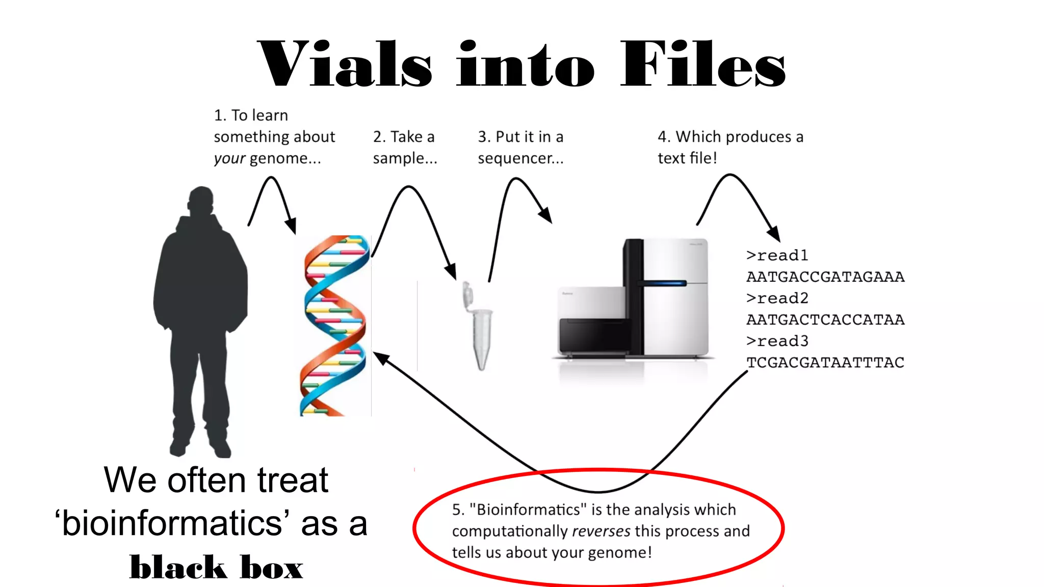 We often treat
‘bioinformatics’ as a
black box
Vials into Files
 