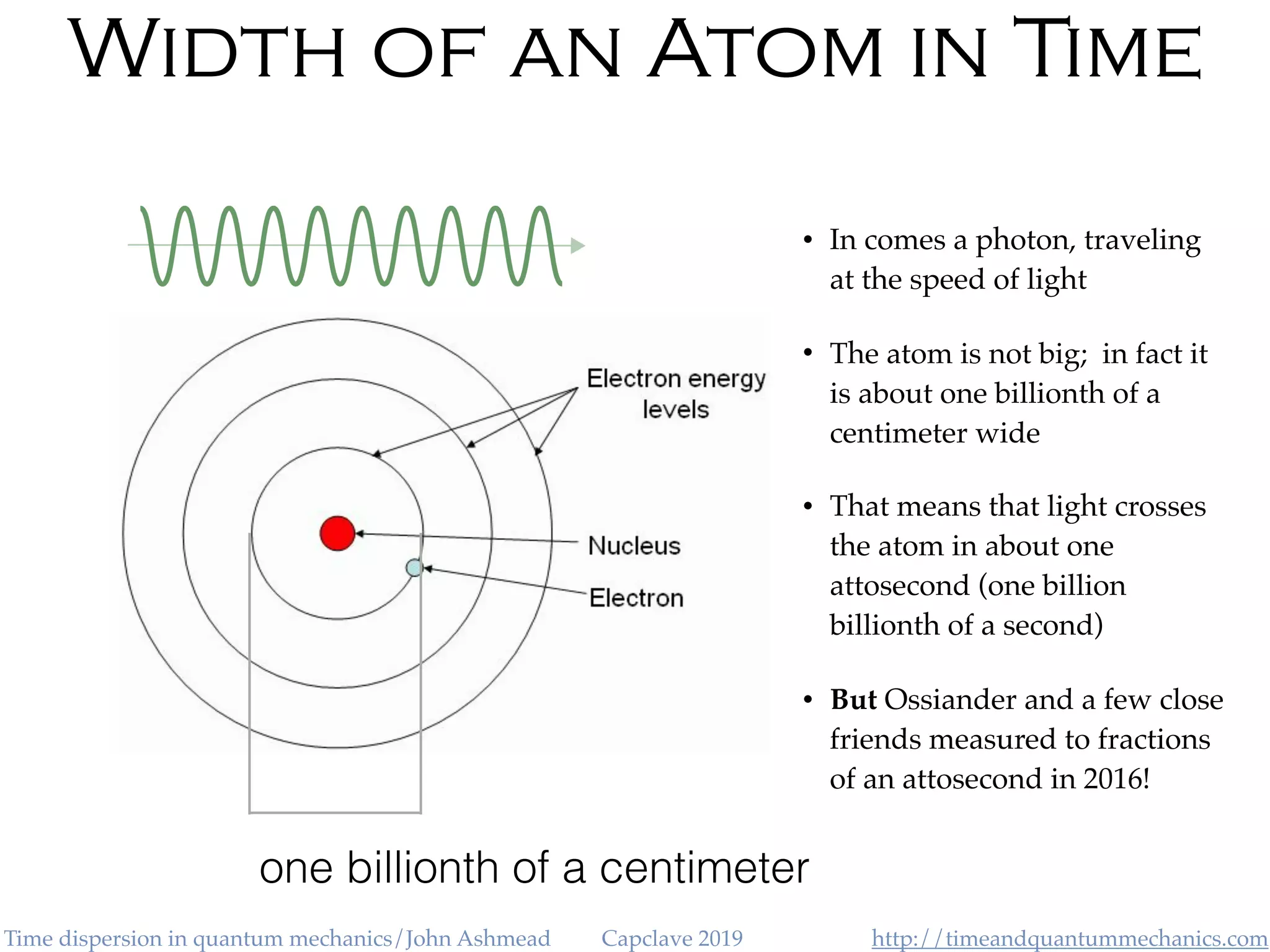 http://timeandquantummechanics.comTime dispersion in quantum mechanics/John Ashmead Capclave 2019
Width of an Atom in Time
• In comes a photon, traveling
at the speed of light
• The atom is not big; in fact it
is about one billionth of a
centimeter wide
• That means that light crosses
the atom in about one
attosecond (one billion
billionth of a second)
• But Ossiander and a few close
friends measured to fractions
of an attosecond in 2016!
one billionth of a centimeter
 
