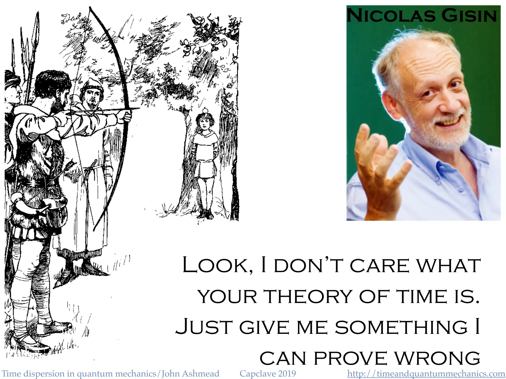 http://timeandquantummechanics.comTime dispersion in quantum mechanics/John Ashmead Capclave 2019
Look, I don’t care what
your theory of time is.
Just give me something I
can prove wrong
Nicolas Gisin
 