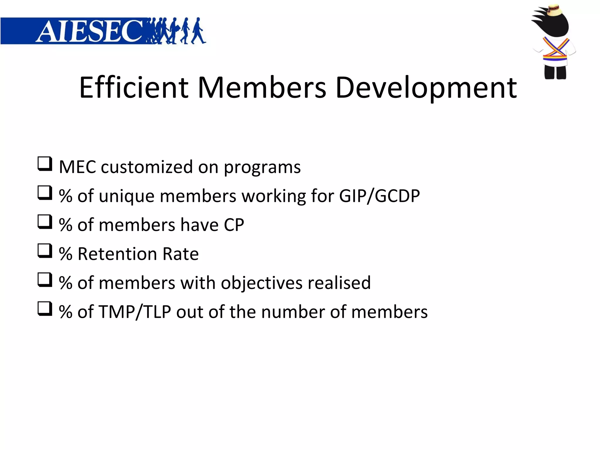 Efficient Members Development

 MEC customized on programs
 % of unique members working for GIP/GCDP
 % of members have CP
 % Retention Rate
 % of members with objectives realised
 % of TMP/TLP out of the number of members
 
