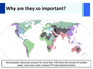 +
Why are they so important?
Nearly half of the world’s population is located within one or more of the 263
international drainage basins shared by two or more states
At least 145 nations include territory within international basinsAt least 21 nations lie in their entirety within international basins33 countries have greater than 95% of their territory within these basins19 international drainage basins are shared by 5 or more riparian countriesThe Danube alone has 17 riparian nationsThe Congo, Niger, Nile, Rhine and Zambezi are shared by
between 9 and 11 countries
The remaining 13 basins have between 5 and 8 riparian countriesThe 64 LMEs produce 95 % of the world's fish catchGroundwater resources account for more than 100 times the amount of surface
water, and cross under at least 273 international borders
 