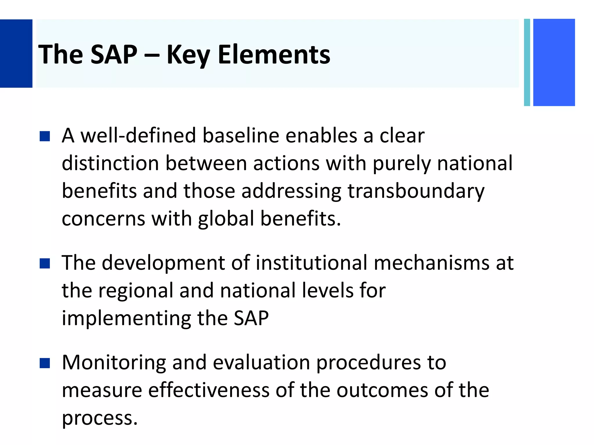 +
The SAP – Key Elements
 A well-defined baseline enables a clear
distinction between actions with purely national
benefits and those addressing transboundary
concerns with global benefits.
 The development of institutional mechanisms at
the regional and national levels for
implementing the SAP
 Monitoring and evaluation procedures to
measure effectiveness of the outcomes of the
process.
 