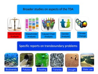 +
Specific reports on transboundary problems
Broader studies on aspects of the TDA
Governance
Analysis
Causal Chain
Analysis
Stakeholder
Analysis
Gender
Analysis
Climate
Change
Biodiversity FloodingPollution Fisheries Drought Water use
 
