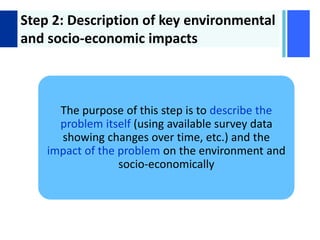 + Step 2: Description of key environmental
and socio-economic impacts
The purpose of this step is to describe the
problem itself (using available survey data
showing changes over time, etc.) and the
impact of the problem on the environment and
socio-economically
 