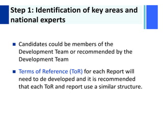+ Step 1: Identification of key areas and
national experts
 Candidates could be members of the
Development Team or recommended by the
Development Team
 Terms of Reference (ToR) for each Report will
need to de developed and it is recommended
that each ToR and report use a similar structure.
 