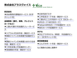 株式会社プラスヴォイス
航空会社
▼ANA専⽤代理電話サービス《⽂字
チャット可》
⾦融関係（銀⾏、保険、クレジット
カードなど）
▼三菱UFJ銀⾏⼿話通訳リレーサービ
ス
▼ジブラルタ⽣命⼿話・筆談サービス 
▼損保ジャバン⽇本興亜⼿話通訳セン
ター 
▼損保ジャパン⽇本興亜ひまわり⽣命
⼿話・筆談サービス 
▼三井住友海上⼿話通訳センター  
▼SBI損保の⼿話・筆談サービス
▼JCB⼿話デスク 
▼三井住友カード⼿話・筆談サービス 
▼三菱UFJニコス⼿話サービス（DCカード・
MUFGカード·NICOSカード） 
▼Yahoo!JAPANカード⼿話通訳サービス 
▼楽天カード⼿話通訳サービス
ホテル
▼京王プラザホテル（新宿） ⼿話通訳セン
ター《⽂字チャット可》
家賃債務保証
▼エルズサポート⼿話・筆談サービス  
など複数の企業と連携中
 