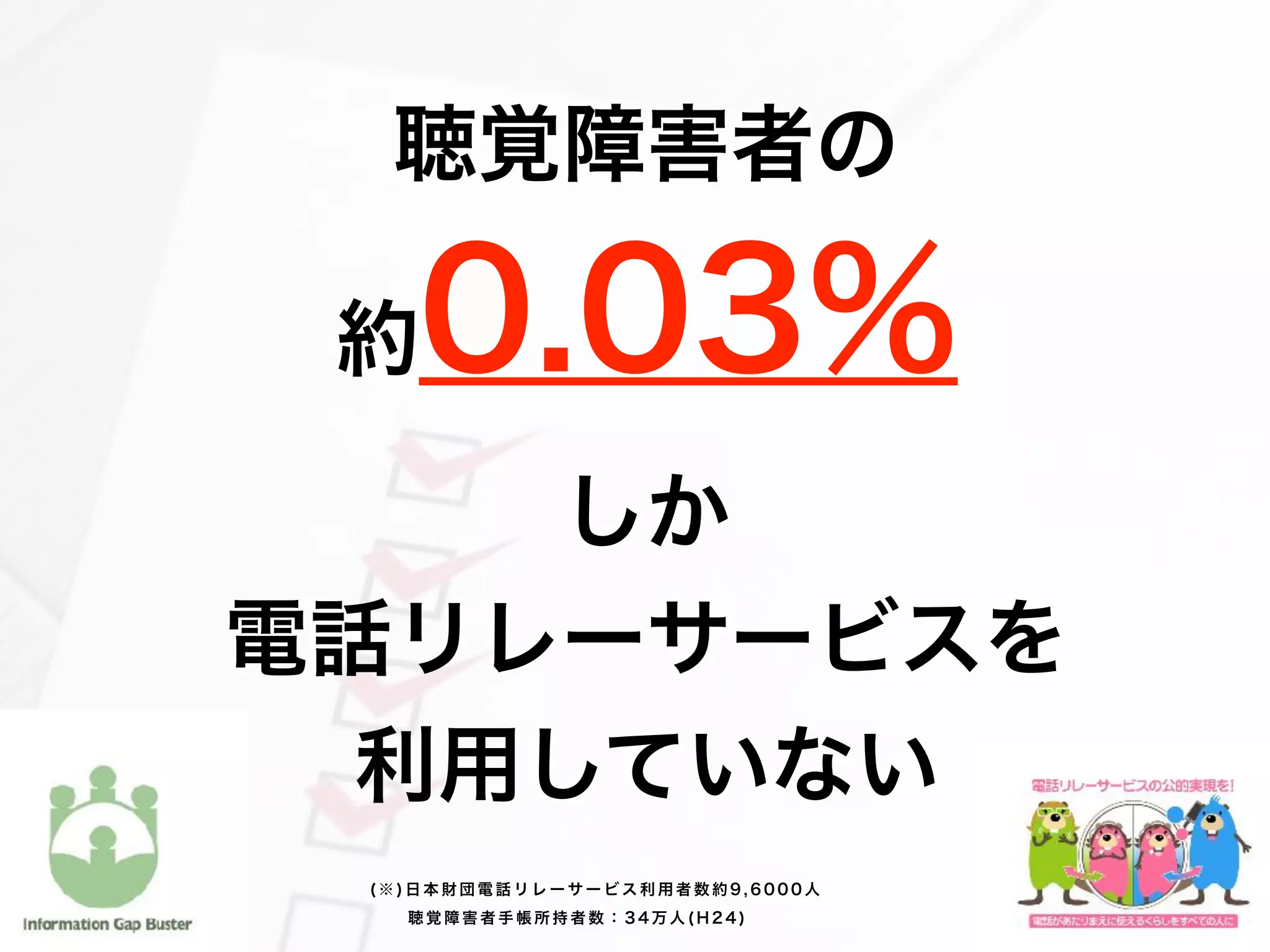 聴覚障害者の
約0.03%
しか
電話リレーサービスを
利用していない
( ※ ) 日 本 財 団 電 話 リ レ ー サ ー ビ ス 利 用 者 数 約 9 , 6 0 0 0 人
聴 覚 障 害 者 手 帳 所 持 者 数 ： 3 4 万 人 ( H 2 4 )
 