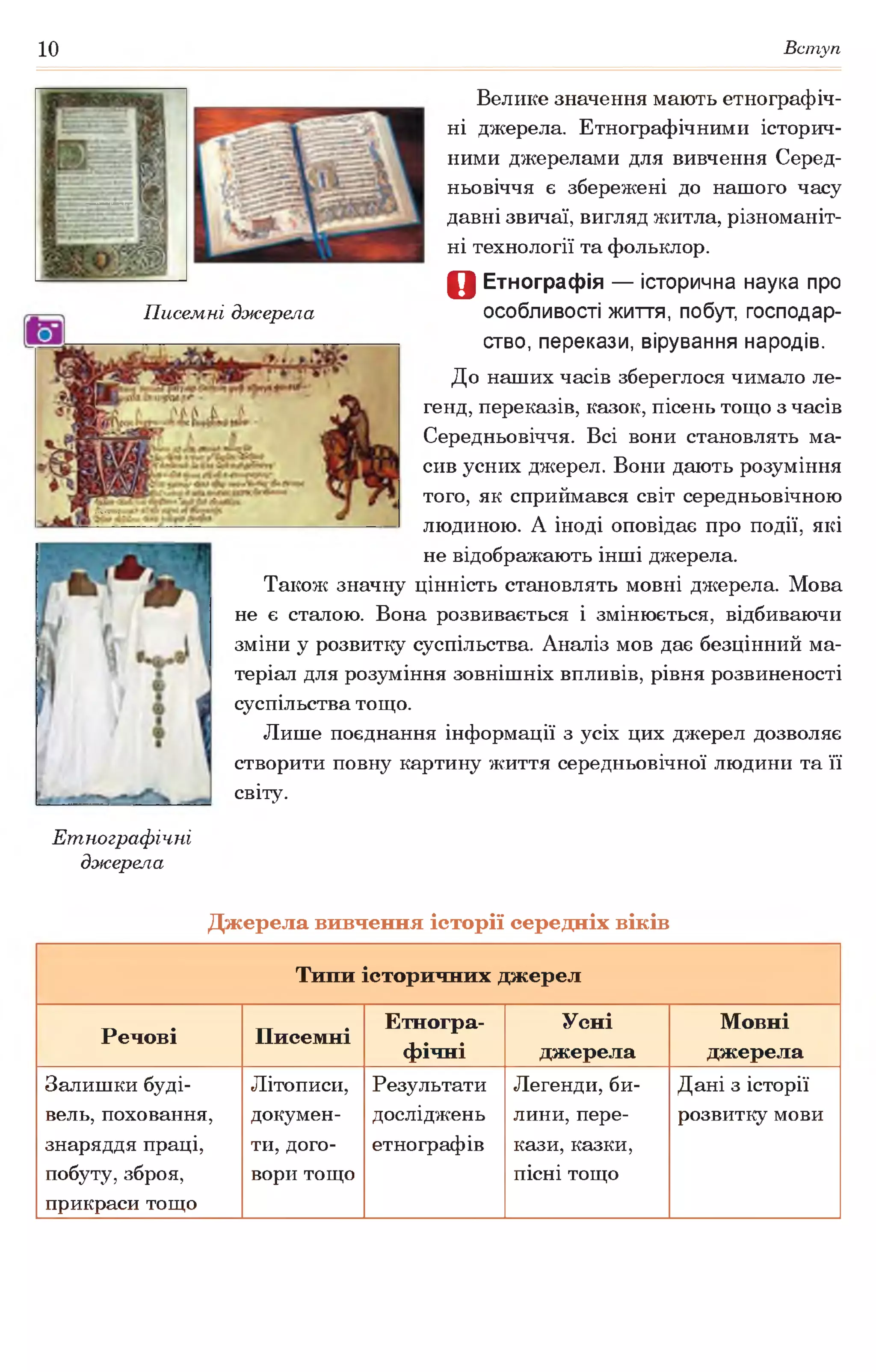 10 Вступ
Велике значення мають етнографіч­
ні джерела. Етнографічними історич­
ними джерелами для вивчення Серед­
ньовіччя є збережені до нашого часу
давні звичаї, вигляд житла, різноманіт­
ні технології та фольклор.
О Етнографія — історична наука про
Писемні джерела особливості життя, побут, господар­
ство, перекази, вірування народів.
До наших часів збереглося чимало ле­
генд, переказів, казок, пісень тощо з часів
Середньовіччя. Всі вони становлять ма­
сив усних джерел. Вони дають розуміння
того, як сприймався світ середньовічною
людиною. А іноді оповідає про події, які
не відображають інші джерела.
Також значну цінність становлять мовні джерела. Мова
не є сталою. Вона розвивається і змінюється, відбиваючи
зміни у розвитку суспільства. Аналіз мов дає безцінний ма­
теріал для розуміння зовнішніх впливів, рівня розвиненості
суспільства тощо.
Лише поєднання інформації з усіх цих джерел дозволяє
створити повну картину життя середньовічної людини та її
світу.
Етнографічні
джерела
Джерела вивчення історії середніх віків
Типи історичних джерел
Речові Писемні
Етногра­
фічні
Усні
джерела
Мовні
джерела
Залишки буді­
вель, поховання,
знаряддя праці,
побуту,зброя,
прикраси тощо
Літописи,
докумен­
ти, дого­
вори тощо
Результати
досліджень
етнографів
Легенди, би­
лини, пере­
кази, казки,
пісні тощо
Дані з історії
розвитку мови
 