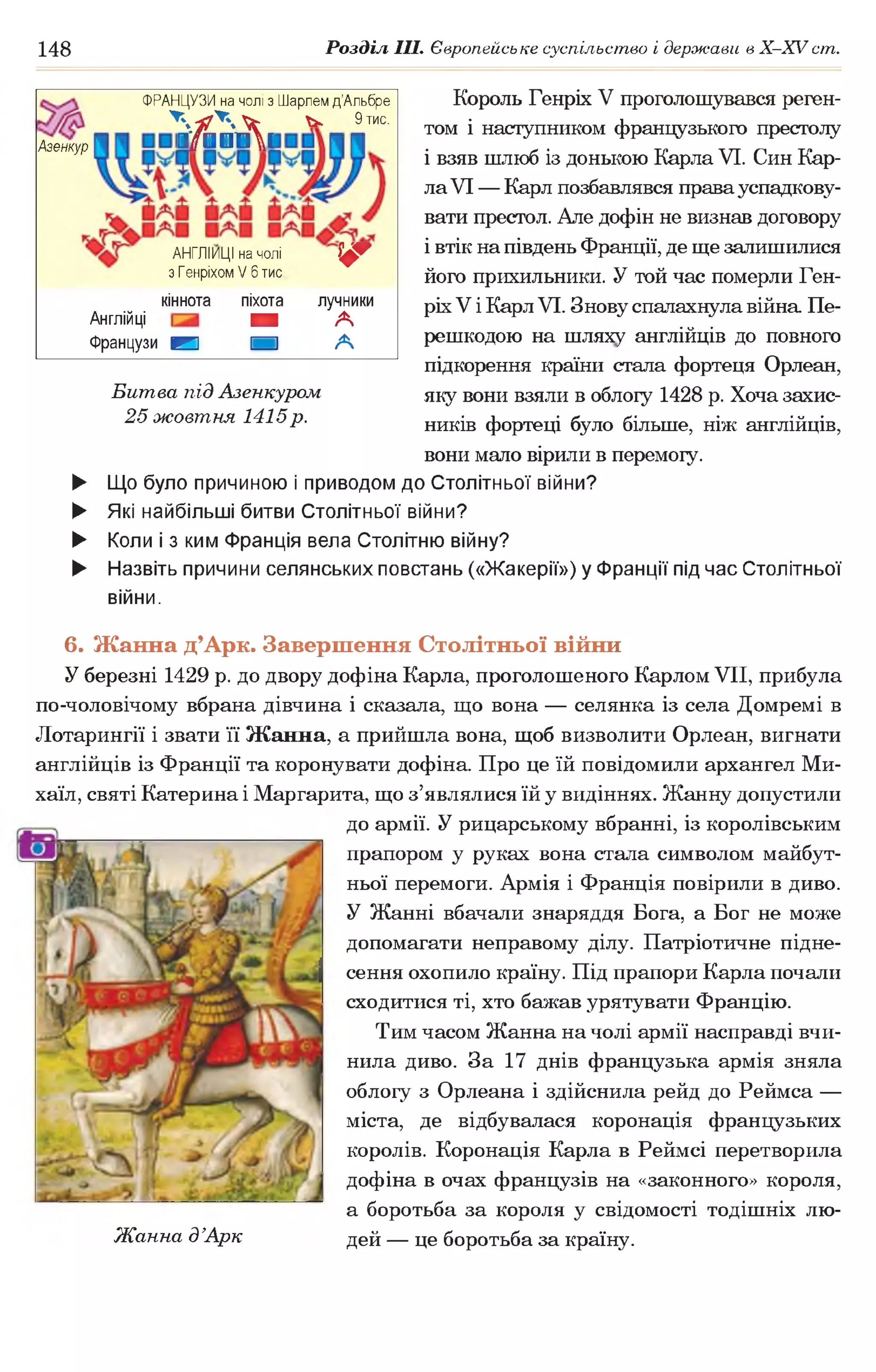 148 Розділ III. Європейське суспільство і держави в Х -ХУ ст.
Король Генріх V проголошувався реген­
том і наступником французького престолу
і взяв шлюб із донькою Карла VI. Син Кар­
лаVI — Карл позбавлявся правауспадкову­
вати престол. Але дофін не визнав договору
і втік на південь Франції, де ще залишилися
його прихильники. У той час померли Ген­
ріхV і КарлVI. Знову спалахнула війна Пе­
решкодою на шляху англійців до повного
підкорення країни стала фортеця Орлеан,
яку вони взяли в облогу 1428 р. Хоча захис­
ників фортеці було більше, ніж англійців,
вони мало вірили в перемогу.
► Що було причиною і приводом до Столітньої війни?
► Які найбільші битви Столітньої війни?
► Коли і з ким Франція вела Столітню війну?
► Назвіть причини селянських повстань («Жакерії») у Франції під час Столітньої
війни.
6. Жанна д’Арк. Завершення Столітньої війни
У березні 1429 р. до двору дофіна Карла, проголошеного Карлом VII, прибула
по-чоловічому вбрана дівчина і сказала, що вона — селянка із села Домремі в
Лотарингії і звати її Жанна, а прийшла вона, щоб визволити Орлеан, вигнати
англійців із Франції та коронувати дофіна. Про це їй повідомили архангел Ми-
хаїл, святі Катерина і Маргарита, що з’являлися їй у видіннях. Жанну допустили
до армії. У рицарському вбранні, із королівським
прапором у руках вона стала символом майбут­
ньої перемоги. Армія і Франція повірили в диво.
У Жанні вбачали знаряддя Бога, а Бог не може
допомагати неправому ділу. Патріотичне підне­
сення охопило країну. Під прапори Карла почали
сходитися ті, хто бажав урятувати Францію.
Тим часом Жанна на чолі армії насправді вчи­
нила диво. За 17 днів французька армія зняла
облогу з Орлеана і здійснила рейд до Реймса —
міста, де відбувалася коронація французьких
королів. Коронація Карла в Реймсі перетворила
дофіна в очах французів на «законного» короля,
а боротьба за короля у свідомості тодішніх лю-
Жанна д’Арк дей — це боротьба за країну.
Азенкур
ФРАНЦУЗИ на чолі з Ш арлем д ’Альбре
^ Ч "И ^ Ч Х ' ^ 9 тис.
ґ / і і і  і
АНГЛІЙЦІ на чолі ї ф
з Генріхом V 6 тис
кіннота піхота лучники
Англійці М А
Французи Н М А
Битва під Азенкуром
25 жовтня 1415р.
 