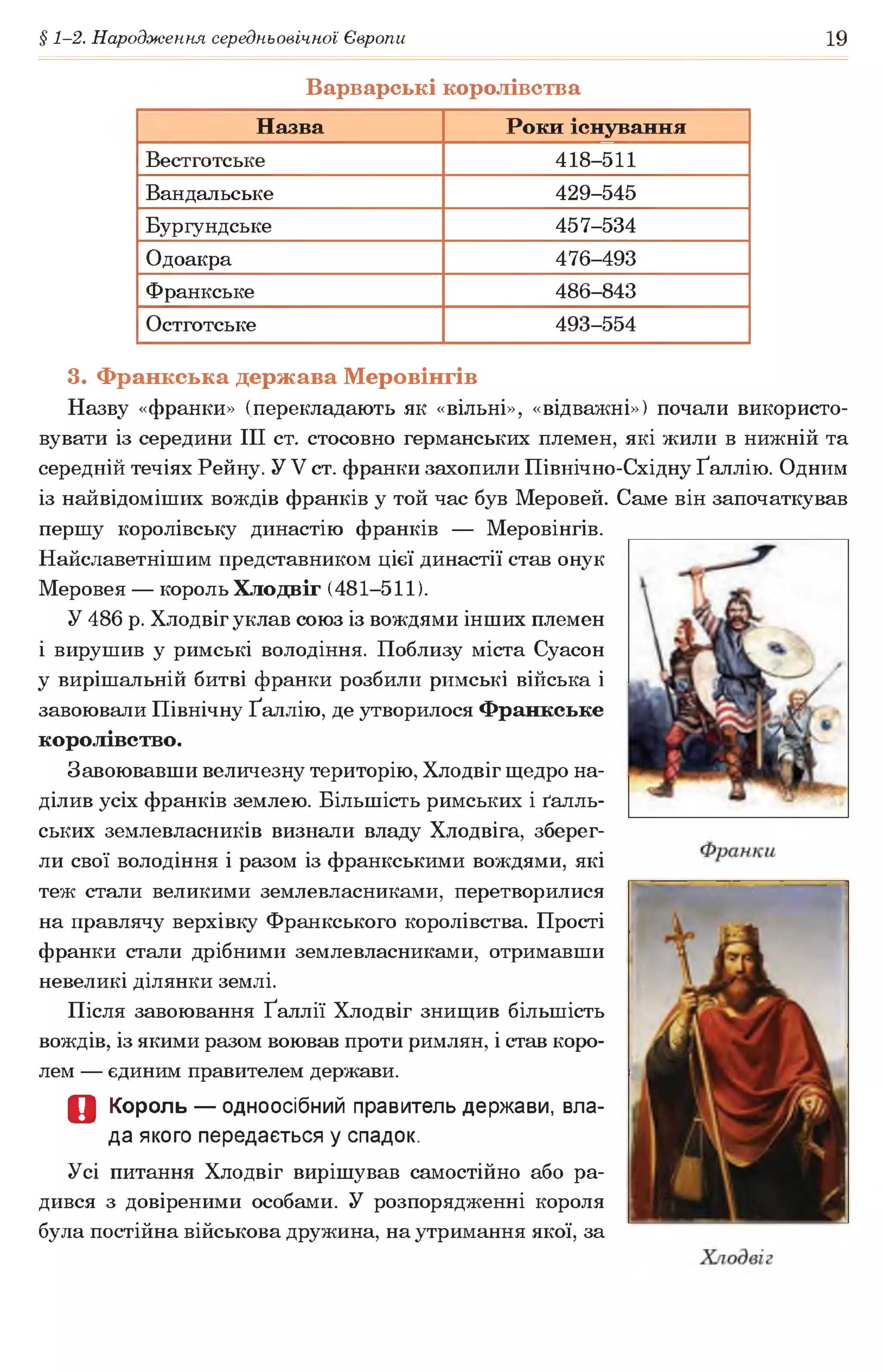 § 1-2. Народження середньовічної Європи 19
Варварські королівства
Назва Роки існування
Вестготське 418-511
Вандальське 429-545
Бургундське 457-534
Одоакра 476-493
Франкське 486-843
Остготське 493-554
3. Франкська держава Меровінгів
Назву «франки» (перекладають як «вільні», «відважні») почали використо­
вувати із середини III ст. стосовно германських племен, які жили в нижній та
середній течіях Рейну. У V ст. франки захопили Північно-Східну Ґаллію. Одним
із найвідоміших вождів франків у той час був Меровей. Саме він започаткував
першу королівську династію франків — Меровінгів.
Найславетнішим представником цієї династії став онук
Меровея — король Хлодвіг (481-511).
У 486 р. Хлодвіг уклав союз із вождями інших племен
і вирушив у римські володіння. Поблизу міста Суасон
у вирішальній битві франки розбили римські війська і
завоювали Північну Ґаллію, де утворилося Франкське
королівство.
Завоювавши величезну територію, Хлодвіг щедро на­
ділив усіх франків землею. Більшість римських і ґалль-
ських землевласників визнали владу Хлодвіга, зберег­
ли свої володіння і разом із франкськими вождями, які
теж стали великими землевласниками, перетворилися
на правлячу верхівку Франкського королівства. Прості
франки стали дрібними землевласниками, отримавши
невеликі ділянки землі.
Після завоювання Ґаллії Хлодвіг знищив більшість
вождів, із якими разом воював проти римлян, і став коро­
лем — єдиним правителем держави.
О Король — одноосібний правитель держави, вла­
да якого передається у спадок.
Усі питання Хлодвіг вирішував самостійно або ра­
дився з довіреними особами. У розпорядженні короля
була постійна військова дружина, на утримання якої, за
 
