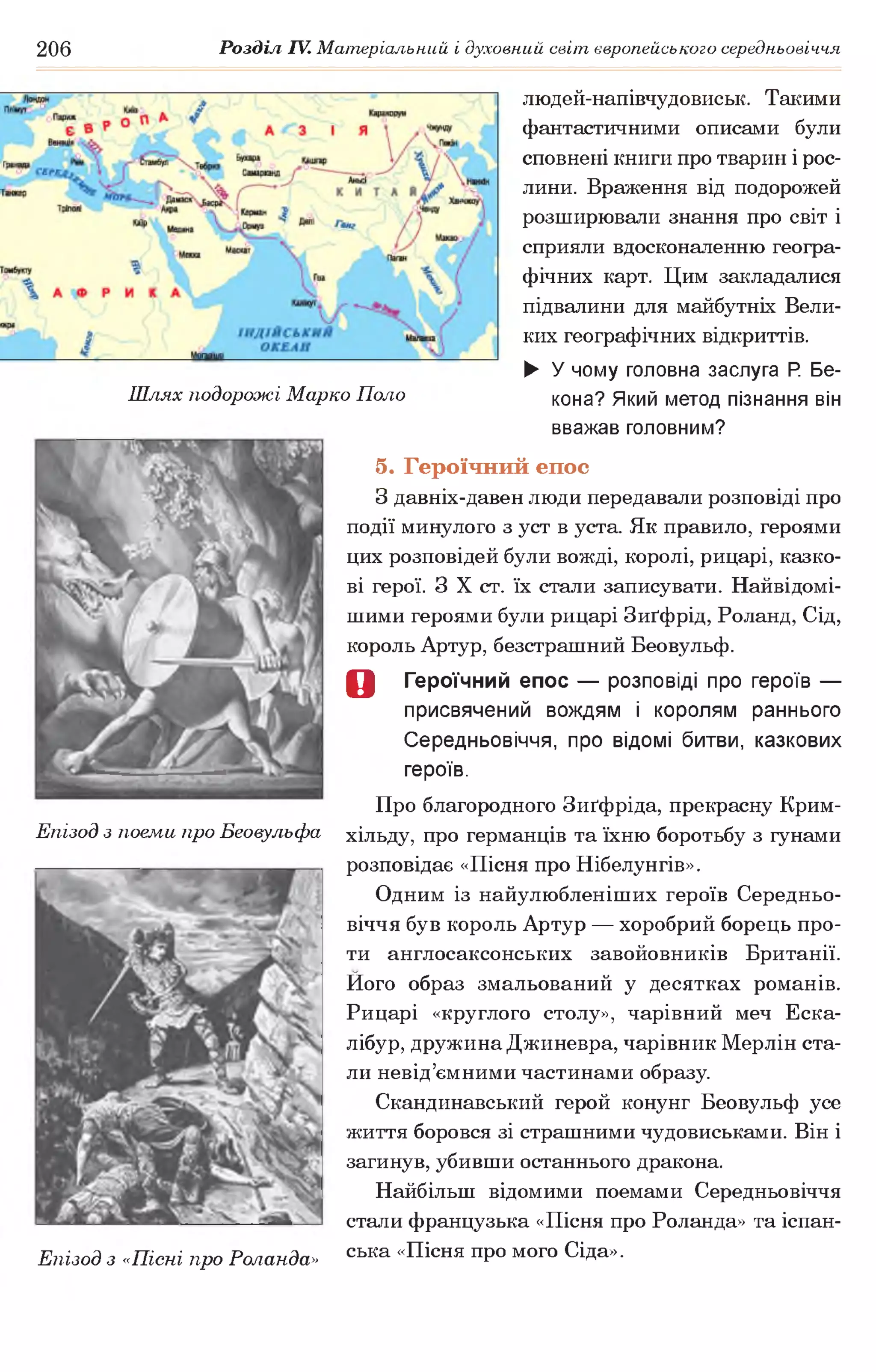 206 Розділ IV. Матеріальний і духовний світ європейського середньовіччя
людей-напівчудовиськ. Такими
фантастичними описами були
сповнені книги про тварин і рос­
лини. Враження від подорожей
розширювали знання про світ і
сприяли вдосконаленню геогра­
фічних карт. Цим закладалися
підвалини для майбутніх Вели­
ких географічних відкриттів.
► У чому головна заслуга Р. Бе-
Шлях подорожі Марко Поло кона? Який метод пізнання він
вважав головним?
5. Героїчний епос
З давніх-давен люди передавали розповіді про
події минулого з уст в уста. Як правило, героями
цих розповідей були вожді, королі, рицарі, казко­
ві герої. З X ст. їх стали записувати. Найвідомі-
шими героями були рицарі Зиґфрід, Роланд, Сід,
король Артур, безстрашний Беовульф.
О Героїчний епос — розповіді про героїв —
присвячений вождям і королям раннього
Середньовіччя, про відомі битви, казкових
героїв.
Про благородного Зиґфріда, прекрасну Крим-
Епізод з поеми про Беовульфа хільду, про германців та їхню боротьбу з гунами
розповідає «Пісня про Нібелунгів».
Одним із найулюбленіших героїв Середньо­
віччя був король Артур — хоробрий борець про­
ти англосаксонських завойовників Британії.
Його образ змальований у десятках романів.
Рицарі «круглого столу», чарівний меч Еска-
лібур, дружина Джиневра, чарівник Мерлін ста­
ли невід’ємними частинами образу.
Скандинавський герой конунг Беовульф усе
життя боровся зі страшними чудовиськами. Він і
загинув, убивши останнього дракона.
Найбільш відомими поемами Середньовіччя
стали французька «Пісня про Роланда» та іспан-
Епізод з «Пісні про Роланда» сь ка «Ш с н я ПР° м ого С ІДа>>-
 