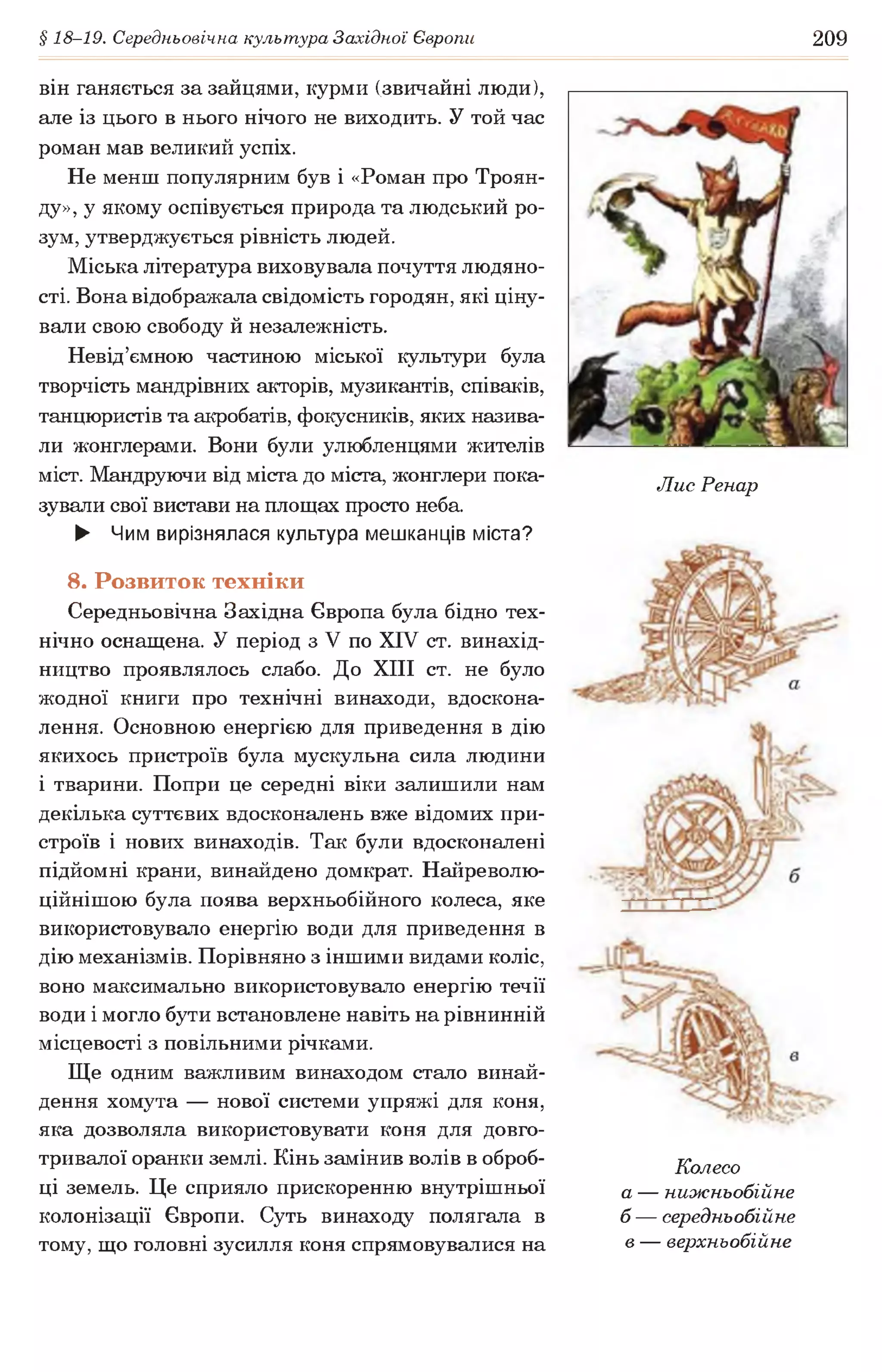 § 18-19. Середньовічна культура Західної Європи 209
він ганяється за зайцями, курми (звичайні люди),
але із цього в нього нічого не виходить. У той час
роман мав великий успіх.
Не менш популярним був і «Роман про Троян­
ду», у якому оспівується природа та людський ро­
зум, утверджується рівність людей.
Міська література виховувала почуття людяно­
сті. Вона відображала свідомість городян, які ціну­
вали свою свободу й незалежність.
Невід’ємною частиною міської культури була
творчість мандрівних акторів, музикантів, співаків,
танцюристів та акробатів, фокусників, яких назива­
ли жонглерами. Вони були улюбленцями жителів
міст. Мандруючи від міста до міста, жонглери пока­
зували свої вистави на площах просто неба.
► Чим вирізнялася культура мешканців міста?
8. Розвиток техніки
Середньовічна Західна Європа була бідно тех­
нічно оснащена. У період з V по XIV ст. винахід­
ництво проявлялось слабо. До XIII ст. не було
жодної книги про технічні винаходи, вдоскона­
лення. Основною енергією для приведення в дію
якихось пристроїв була мускульна сила людини
і тварини. Попри це середні віки залишили нам
декілька суттєвих вдосконалень вже відомих при­
строїв і нових винаходів. Так були вдосконалені
підйомні крани, винайдено домкрат. Найреволю-
ційнішою була поява верхньобійного колеса, яке
використовувало енергію води для приведення в
дію механізмів. Порівняно з іншими видами коліс,
воно максимально використовувало енергію течії
води і могло бути встановлене навіть на рівнинній
місцевості з повільними річками.
Ще одним важливим винаходом стало винай­
дення хомута — нової системи упряжі для коня,
яка дозволяла використовувати коня для довго­
тривалої оранки землі. Кінь замінив волів в оброб­
ці земель. Це сприяло прискоренню внутрішньої
колонізації Європи. Суть винаходу полягала в
тому, що головні зусилля коня спрямовувалися на
Лис Ренар
Колесо
а — нижньобійне
б — середньобійне
в — верхньобійне
 