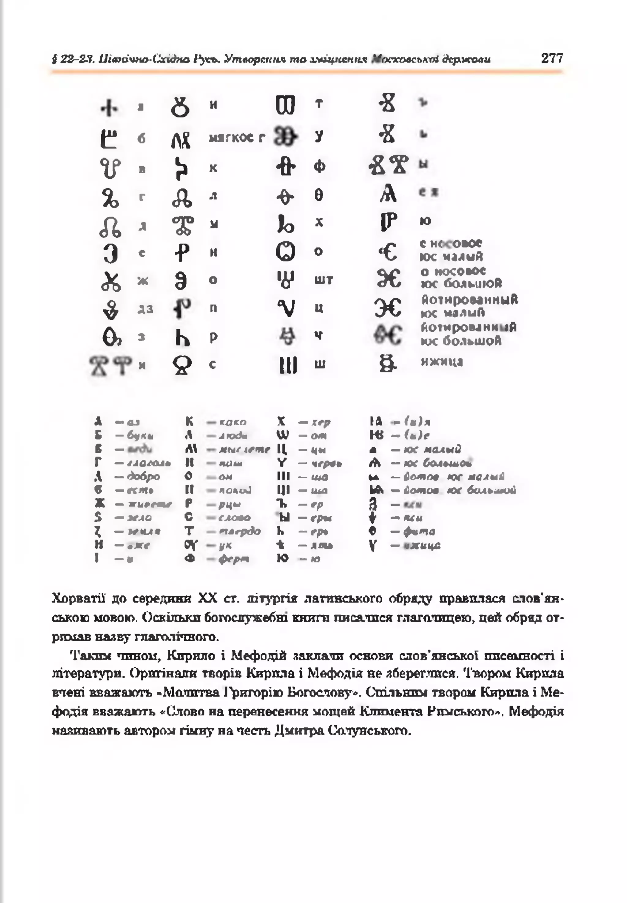 І 22-23. Шанічмо-Схчдно 1*усь. Утворення та аміцмння ''осховськоі держали 277
а 6 И го т я
Є б лх мягкос г У я
V в
>
к * Ф я т
% г & .1 -0- в А
л д X я ь X ІР
3 с •р н 0 0 ‘Є
&
ж 8 о •А* шт з є
$ АЗ п V ц з с
0 , 3 к р ч
и 9 с III ш 8 -
Ю
с не о х *
юс чалий
о носово«
ЮС бОДМІІОА
йоінроммниН
юс чід^п
йотиромни їй
юс большой
мжмца
Л —оі К
Б —букь Л
Б — А
Г — * і а ю л * II
А —д о б р о 0
в —«ш » II
Ж —м и ф *т * Р
% — зел о С
^ —І/іи і т
Н - ш я » ОУ
1 - • ф
како X — хер
АюОм Ш — от
я и сл ет е Ц - * «
тіш У — чер*0
0*4 III — ша
поноО ЦІ - ш а
рцш *К — ер
СЛОФО N - < р *
т лгрдо Ь — ер*
ук і — ятл
фгрт К> - ю
ІА ~(и)я
Ні - і ь ) е
л —юс малий
А —юс Солимо*
ьа —іотп» юс малші
ІА —іотот. юс бси»шн1
З -
4і —ми
Ф —фшта
V — іжице
Хорватії до середини XX ст. літургія латинського обряду правилася слов'ян­
ською мовою. Оскільки богослужебна книга писалися глаголицею, цей обряд от­
римав наяву глаголічного.
'Гакші чином, Кирило і Мефодій заклали основи слов'янсько! писемності і
літератури. Оригінали творів Кирила і Мефодія не збереглися. Твором Кирила
в'юні вважають -Молитва І'ригорію Богослову». Спільним твором Кирила і Ме­
фодія вважають «Слово на перенесення мощей Климента Римського». Мефодія
називають автором гімну на честь Дмитра Солунського.
 