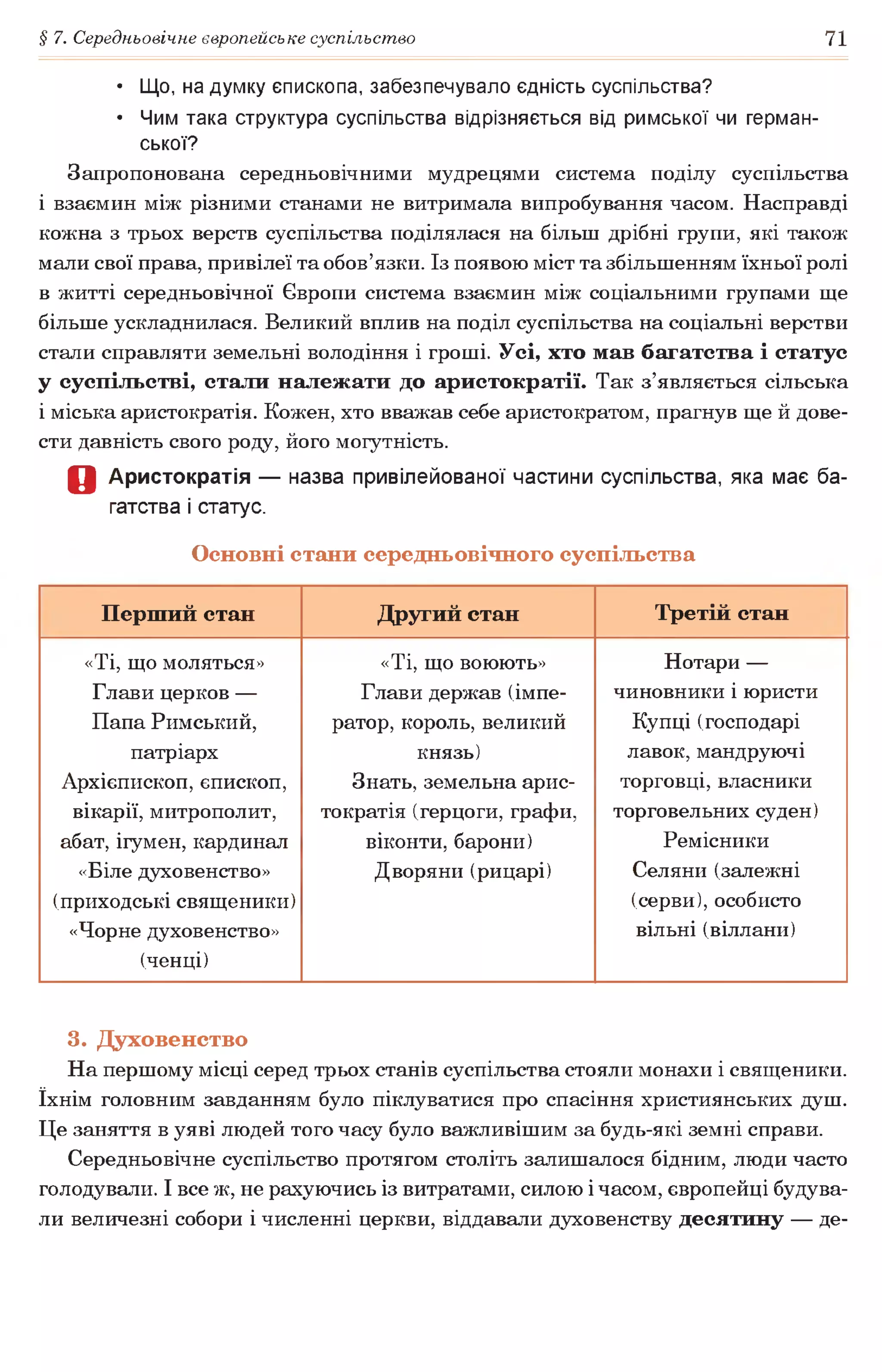 § 7. Середньовічне європейське суспільство 71
• Що, на думку єпископа, забезпечувало єдність суспільства?
• Чим така структура суспільства відрізняється від римської чи герман­
ської?
Запропонована середньовічними мудрецями система поділу суспільства
і взаємин між різними станами не витримала випробування часом. Насправді
кожна з трьох верств суспільства поділялася на більш дрібні групи, які також
мали свої права, привілеї та обов’язки. Із появою міст та збільшенням їхньої ролі
в житті середньовічної Європи система взаємин між соціальними групами ще
більше ускладнилася. Великий вплив на поділ суспільства на соціальні верстви
стали справляти земельні володіння і гроші. Усі, хто мав багатства і статус
у суспільстві, стали належати до аристократії. Так з’являється сільська
і міська аристократія. Кожен, хто вважав себе аристократом, прагнув ще й дове­
сти давність свого роду, його могутність.
О Аристократія — назва привілейованої частини суспільства, яка має ба­
гатства і статус.
Основні стани середньовічного суспільства
Перший стан Другий стан Третій стан
«Ті, що моляться»
Глави церков —
Папа Римський,
патріарх
Архієпископ, єпископ,
вікарії, митрополит,
абат, ігумен, кардинал
«Біле духовенство»
(приходські священики)
«Чорне духовенство»
(ченці)
«Ті, що воюють»
Глави держав (імпе­
ратор, король, великий
князь)
Знать, земельна арис­
тократія (герцоги, графи,
віконти, барони)
Дворяни (рицарі)
Нотари —
чиновники і юристи
Купці (господарі
лавок, мандруючі
торговці, власники
торговельних суден)
Ремісники
Селяни (залежні
(серви), особисто
вільні (віллани)
3. Духовенство
На першому місці серед трьох станів суспільства стояли монахи і священики,
їхнім головним завданням було піклуватися про спасіння християнських душ.
Це заняття в уяві людей того часу було важливішим за будь-які земні справи.
Середньовічне суспільство протягом століть залишалося бідним, люди часто
голодували. І все ж, не рахуючись із витратами, силою і часом, європейці будува­
ли величезні собори і численні церкви, віддавали духовенству десятину — де­
 