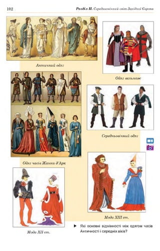 102 Розділ II. Середньовічний світ Західної Європи
Мода XIII ст.
Які основні відмінності між одягом часів
Античності і середніх віків?
Античний одяг
Одяг часів Жанни дАрк
Одяг вельмож
Середньовічний одяг
а
в
Мода XII ст.
►
 