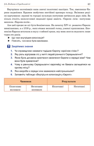 § 6. Людина в Середньовіччі 67
Внутрішня колонізація мала значні позитивні наслідки. Так, населення Єв­
ропи подвоїлося. Вдалося позбутися постійної примари голоду. Змінився раці­
он харчування: зернові та городні культури поступово витіснили дари лісів. За
кілька століть наполегливої людської праці замість «Європи лісів» поступово
виникла «Європа полів».
Але цей процес не міг бути безкінечним. На початку XIV ст. розвиток Європи
вповільнився, а з 1316 р., коли стався великий голод, узагалі припинився. Еко­
номіка Європи вступила в смугу глибокої кризи, яку вона змогла подолати лише
через сто років.
► Що таке внутрішня колонізація?
► Поясніть, чим вона була викликана.
В Закріпимо знання
1. Чи справедливо називати тодішню Європу «країною лісів»?
2. Яку роль відігравав ліс у житті людей раннього Середньовіччя?
3. Якою була динаміка зростання населення Європи в середні віки? Чим
вона була зумовлена?
4. Чому в ранньому Середньовіччі європейці не бажали залишатися на
одному місці?
5. Яка хвороба в середні віки вважалася найстрашнішою?
6. Заповніть таблицю «Внутрішня колонізація у Європі».
Чинники Результати
Позитивно
впливали
Негативно
впливали
Позитивні Негативні
 