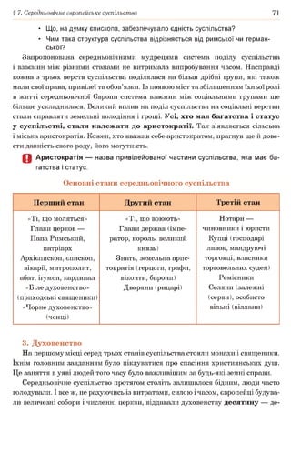 § 7. Середньовічне європейське суспільство 71
• Що, на думку єпископа, забезпечувало єдність суспільства?
• Чим така структура суспільства відрізняється від римської чи герман­
ської?
Запропонована середньовічними мудрецями система поділу суспільства
і взаємин між різними станами не витримала випробування часом. Насправді
кожна з трьох верств суспільства поділялася на більш дрібні групи, які також
мали свої права, привілеї та обов’язки. Із появою міст та збільшенням їхньої ролі
в житті середньовічної Європи система взаємин між соціальними групами ще
більше ускладнилася. Великий вплив на поділ суспільства на соціальні верстви
стали справляти земельні володіння і гроші. Усі, хто мав багатства і статус
у суспільстві, стали належати до аристократії. Так з’являється сільська
і міська аристократія. Кожен, хто вважав себе аристократом, прагнув ще й дове­
сти давність свого роду, його могутність.
О Аристократія — назва привілейованої частини суспільства, яка має ба­
гатства і статус.
Основні стани середньовічного суспільства
Перший стан Другий стан Третій стан
«Ті, що моляться»
Глави церков —
Папа Римський,
патріарх
Архієпископ, єпископ,
вікарії, митрополит,
абат, ігумен, кардинал
«Біле духовенство»
(приходські священики)
«Чорне духовенство»
(ченці)
«Ті, що воюють»
Глави держав (імпе­
ратор, король, великий
князь)
Знать, земельна арис­
тократія (герцоги, графи,
віконти, барони)
Дворяни (рицарі)
Нотари —
чиновники і юристи
Купці (господарі
лавок, мандруючі
торговці, власники
торговельних суден)
Ремісники
Селяни (залежні
(серви), особисто
вільні (віллани)
3. Духовенство
На першому місці серед трьох станів суспільства стояли монахи і священики,
їхнім головним завданням було піклуватися про спасіння християнських душ.
Це заняття в уяві людей того часу було важливішим за будь-які земні справи.
Середньовічне суспільство протягом століть залишалося бідним, люди часто
голодували. І все ж, не рахуючись із витратами, силою і часом, європейці будува­
ли величезні собори і численні церкви, віддавали духовенству десятину — де­
 