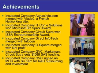 Achievements Incubated Company Apnacircle.com merged with Viadeo, a French Networking site,  Incubated Company IT Con e Solutions won Microsoft Biz Spark Award, Incubated Company Circuit Sutra won ISBA Entrepreneurship Award, Incubated Company Direct InfoTech merged with Infocon Incubated Company Q Square merged with Net profit Incubated Company GVC, Marksman, Circuit Sutra gets SIDBI SAS funding, Incubated Company GVC signed an MOU with Su Kam for R&D outsourcing and Investment  