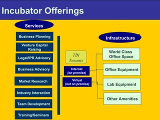 Incubator Offerings Business Planning Venture Capital Raising Legal/IPR Advisory Virtual (not on premise) Internal (on premise) TBI Tenants World Class  Office Space Lab Equipment Office Equipment Industry Interaction Market Research Team Development Training/Seminars Other Amenities Business Advisory Services Infrastructure 