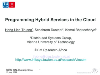 Programming Hybrid Services in the Cloud

Hong-Linh Truong*, Schahram Dustdar*, Kamal Bhattacharya§

                       *Distributed Systems Group,
                     Vienna University of Technology

                               § IBM   Research Africa
                     truong@dsg.tuwien.ac.at
         http://www.infosys.tuwien.ac.at/research/viecom

ICSOC 2012, Shanghai, China,     1
13 Nov 2012
 