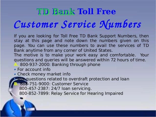 td bank north customer service number