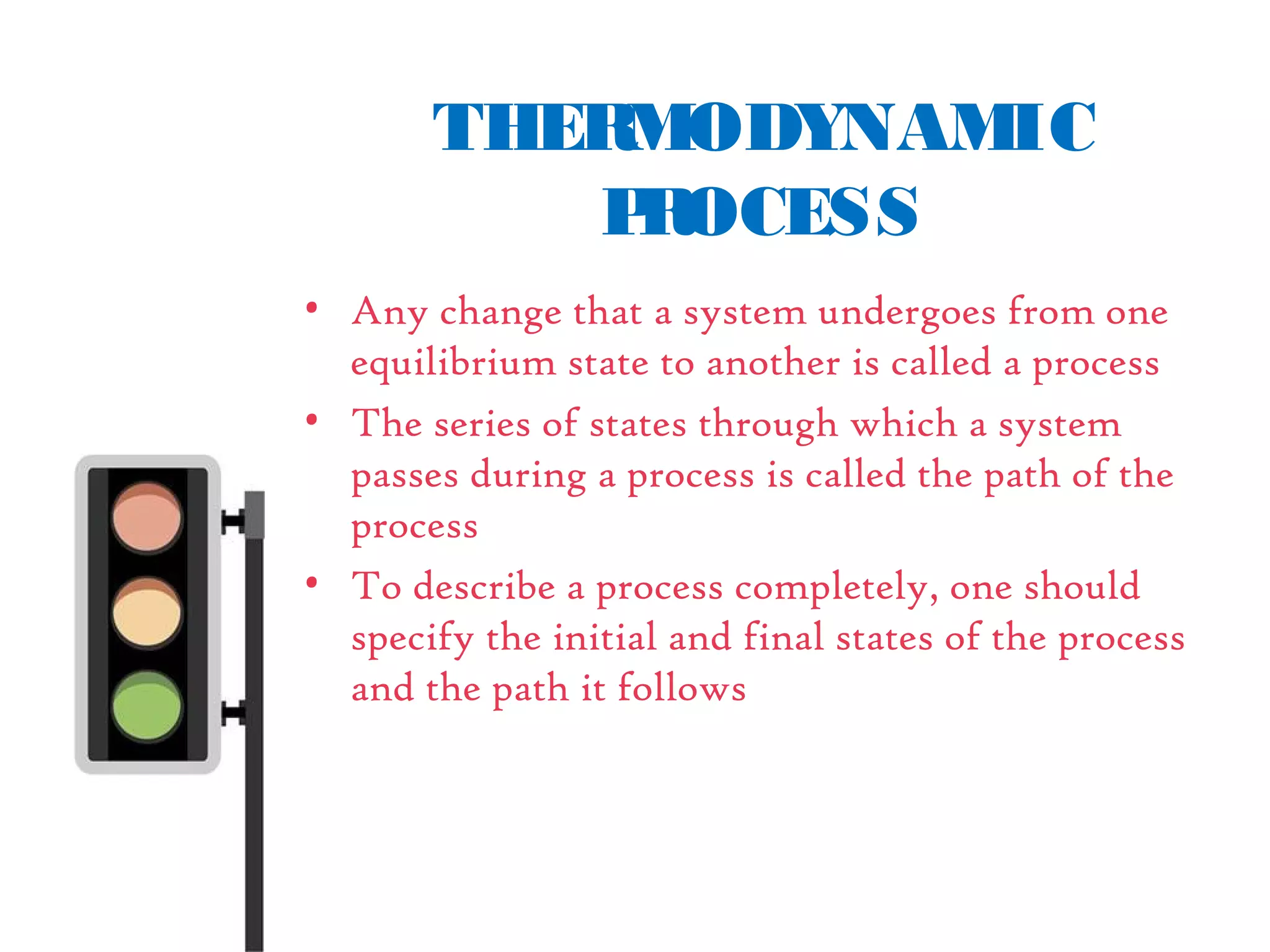 THERMODYNAMIC
PROCESS
• Any change that a system undergoes from one
equilibrium state to another is called a process
• The series of states through which a system
passes during a process is called the path of the
process
• To describe a process completely, one should
specify the initial and final states of the process
and the path it follows
 