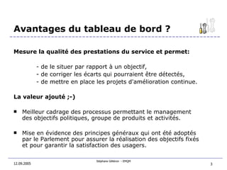 Avantages du tableau de bord ? Mesure la qualité des prestations du service et permet: - de le situer par rapport à un objectif, - de corriger les écarts qui pourraient être détectés, - de mettre en place les projets d'amélioration continue . La valeur ajouté ;-) Meilleur cadrage des processus permettant le management des objectifs politiques, groupe de produits et activités.  Mise en évidence des principes généraux qui ont été adoptés par le Parlement pour assurer la réalisation des objectifs fixés et pour garantir la satisfaction des usagers. 12.09.2005 