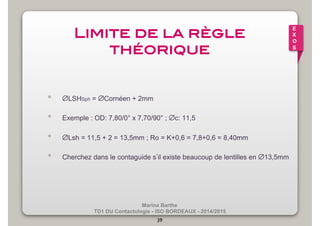 Marina Barthe 
TD1 DU Contactologie - ISO BORDEAUX - 2014/2015 
39 
E 
X 
O 
S 
Limite de la règle 
théorique! 
• ∅LSHSph = ∅Cornéen + 2mm 
• Exemple : OD: 7,80/0° x 7,70/90° ; ∅c: 11,5 
• ∅Lsh = 11,5 + 2 = 13,5mm ; Ro = K+0,6 = 7,8+0,6 = 8,40mm 
• Cherchez dans le contaguide s’il existe beaucoup de lentilles en ∅13,5mm 
 