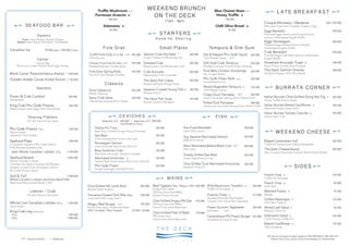 LATE BREAKFAST
Croque-Monsieur / Madame
Whomeal Toast Ham Cheddar Cheese / Egg
Eggs Benedict
Poached Eggs Home Cured English Bacon
Spinach Hollandaise English Muffin
Eggs Norwegian
Poached Eggs Smoked Salmon Rocket
Hollandaise English Muffin
Crab Benedict
Poached Eggs Crab Meat Spinach Hollandaise
English Muffin
Smashed Avocado Toast v
Roast Cherry Tomato Nuts & Seeds
The Deck Salmon Gravlax
Dill Black Pepper Chilli Olive Bread
WEEKEND BRUNCH
ON THE DECK
11am - 4pm
Foie Gras
Confit Foie Gras in a Jar
Chilli Fig Jam
Chicken Foie Gras Siu Mai
Shiitake Mushroom Teriyaki Sauce
Foie Gras Spring Rolls
Fig Chilli Jam Mango Chutney
695 000
295 000
450 000
Small Plates Tempura & Dim Sum
260 000
390 000
G o o d fo r S h a r i n g
STARTERS
Char-Grilled NZ Lamb Rack
Masala Greek Yoghurt
850 000
Tamarind Glazed Pork Ribs 500g
Lime Leaf Chilli Crispy Garlic
550 000
Wagyu Beef Burger
French Fries Spicy Traditional Relish
ADD: Cheddar / Blue Cheese
295 000
25 000 / 60 000
Beef Tagliata 250g / 500g
Angus Flank Steak
100 Day Grain Fed MBS2
Rocket Cherry Tomato
Char-Grilled Angus Rib Eye
100 Day Grain Fed MBS2
French Fries Salad Béarnaise
Char-Grilled Fillet of Beef
PRS Grass Fed
French Fries Salad Béarnaise
450 / 820 000
970 000
750 000
Wild Mushroom Tortellini v
Truffle Oil Parmesan v
Polenta Chips v
Sautéed Artichoke Red Pepper
Tomato Chilli Sauce Nori Seaweed
Prawn Zucchini Tagliatelle
Parmesan
Caramelised PQ Prawn Burger
Smashed Avocado Rocket
290 000
310 000
335 000
325 000
230 / 250 000
290 000
290 000
290 000
180 000
290 000
Salt & Pepper Phú Quốc Squid
Chilli Pepper Sauce
Soft Shell Crab Tempura
Roasted Coconut Tomato Pickle Chutney
ố
260 000
260 000
195 000
Pork Belly Chicken Dumplings
Soy Ginger Shallot
Phú Qu c Prawn Rolls
Caramelised Ponzu
Mixed Vegetable Tempura v
Chilli Pepper Sauce
Crispy Duck Pancakes
Hoisin Cucumber Spring Onion Shallot Chilli
Salmon Crab Hot Maki
Cream Cheese Truffle Honey Soy
260 000
Crab Avocado
Mayonnaise Chilli Coriander
300 000
The Deck Fish Cakes
Mixed Leaf Salad Vierge Sauce
250 000
280 000
Sesame Crusted Young Tofu v
Bulgogi Sauce
180 000
The Deck Fish Soup
Rouille Crouton Parmesan
165 000
MAINS
Classics
5% Service Charge Included Subject to 8% (F&NAB) & 10% (AB) VAT
Please inform your server of any food allergies or intolerances
Italian Burrata Char-Grilled Dong Nai Fig v
Honey Truffle Nuts & Seeds
Italian Burrata Baked Cauliflower v
Edamame Purée Crispy Garlic
Italian Burrata Tomato Ceviche v
Lemon Balm Yuzu
395 000
395 000
395 000
SIDES
Signature Dishes v Vegetarian
French Fries v
Truffle Oil Parmesan
French Fries v
Chilli Aïoli
Mashed Potato v
Wasabi
Grilled Asparagus v
Chilli Mint Yoghurt
Mixed Leaf Salad v
Balsamic Olive Oil
Edamame Salad v
Confit Tomato Truffle Oil
Baked Cauliflower v
Tahini Dressing
Baked Camembert Half
Truffle Oil Honey Garlic Walnuts Baguette
The Deck Cheese Board
Pear Chutney Rosemary Crackers Walnut Raisin Bread
360 000
400 000
Tuna Carpaccio
Mojito Dressing
255 000
Spicy Crab Salsa
Vietnamese Sesame Rice Cracker
220 000
Yellow Fin Tuna
Red Onion Tomato Ginger Shoot Coriander
Sea Bass
Lime Galangal Red Onion Lime Leaf
Norwegian Salmon
Lime Coriander Red Onion Olive Oil
Blue Swimmer Crab
Red Onion Avocado Tomato Coriander
Marinated Artichoke v
Tomato Red Onion Lemon Balm Yuzu Olive Oil
Phú Quốc Prawn
Ginger Galangal Lime Red Onion
185 000
185 000
185 000
185 000
185 000
250 000
Selection of 3 520 000 / Selection of 5 850 000
Add 50 000 for Prawn
CEVICHES FISH
BURRATA CORNER
WEEKEND CHEESE
280 000
Pulled Pork Pancakes
Honey Soy Cucumber Spring Onion Shallot Chilli
Pan-Fried Monkfish
Garlic Miso Sauce
Soy Sesame Marinated Salmon
Edamame Sauce
Miso Marinated Baked Black Cod
Miso Sake
Simply Grilled Sea Bass
Green Salad French Fries
Char-Grilled Tuna Marinated Anchovies
Balsamic Olive Oil
550 000
550 000
850 000
395 000
350 000
Edamame v
95 000
Trufﬂe Mushroom
Parmesan Arancini v
180 000
Blue Cheese Naan
Honey Trufﬂe v
180 000
Chilli Olive Bread v
95 000
120 000
85 000
95 000
125 000
95 000
150 000
125 000
Dressed Crab
Mayonnaise Lime Wholemeal Toast
300 000
SEAFOOD BAR
Oysters
Canadian Ice
Fresh Lime Tabasco Shallot Vinegar
Baked Cream Bacon Parmesan / Rockefeller
99 000 each / 590 000 ½ doz
Caviar
Black Caviar Transmontanus Kaviari
Golden Amber Caviar Kristal Kaviari
France 30g
Blinis Sour Cream Shallot Quail Eggs Parsley
1 850 000
2 150 000
Starters
Prawn & Crab Cocktail
Wholemeal
King Crab Phú Quốc Prawns
Mayonnnaise Quail Eggs Chilli Olive Bread
320 000
485 000
Sharing Platters
Phú Quốc Prawns 10pc
Mayonnnaise
Steamed / Char-Grilled
Seafood Plate
2 Canadian Oysters 4 Phú Quốc Prawns
4 NZ Mussels Dressed Crab
add: Whole Canadian Lobster 500g
Seafood Board
Whole Canadian Lobster
Canadian Ice Oysters Scallops NZ Mussels
Sesame Crusted Tuna Norwegian Salmon
Phú Quốc Prawns Squid
Surf & Turf
Whole Canadian Lobster Australian Beef Fillet
Béarnaise Mayonnaise Wasabi Chilli
All with French Fries Salad
595 000
950 000
2 100 000
2 850 000
2 500 000
Lobster / Crab
Whole Live Canadian Lobster 500g
Garlic Butter
All with French Fries Salad
1 200 000
King Crab Leg Steamed
250g
500g
990 000
1 850 000
NEW
 