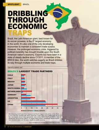 32 THE DOLLAR BUSINESS II AUGUST 2017
SPOTLIGHT BRAZIL
TDB INTELLIGENCE UNIT
Source: TDB Intelligence Unit & UN Comtrade; figures in $ billion; break-up for CY2016
BRAZIL’S LARGEST TRADE PARTNERS
Brazil, the Latin American giant, best known for
its soccer prowess, is the 8th
largest economy
in the world. It’s also one of the only developing
economies to maintain a consistent trade surplus.
However, the prolonged economic crisis, triggered by
political instability has brought trouble upon this South
American nation's economy. Exports too have been in a
state of steady decline since CY2011. A member of the
BRICS bloc, the world watches eagerly as Brazil dribbles
its way through multiple economic and trade traps.
Manufacturing powerhouse China happens to be Brazil’s biggest trade partner. In fact, Brazil
is one of the few countries with which China has a trade deficit and a pretty large one at
that. And despite several trade agreements, most notably MERCOSUR and BRICS, India
remains the Latin American nation's 12th
largest trading partner. Interestingly, Brazil's exports
have remained stable over the years, despite its wobbly economy.
CHILE
ITALY
MEXICO
JAPAN
SOUTH KOREA
NETHERLANDS
GERMANY
ARGENTINA
US
CHINA
0 5 10 15 20 25 30 35 40
BRAZIL'S EXPORTS BRAZIL'S IMPORTS
DRIBBLING
THROUGH
ECONOMIC
TRAPS
 