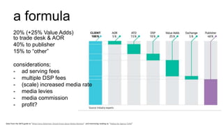 a formula
20% (+25% Value Adds)
to trade desk & AOR
40% to publisher
15% to “other”
considerations;
- ad serving fees
- multiple DSP fees
- (scale) increased media rate
- media levies
- media commission
- profit?
Data from the WFA guide to "What Every Advertiser Should Know about Media Markets" and interesting reading at; “Hiding the Agency TURD”
 