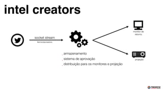 intel creators
                                                                         monitor de
                                                                          retorno
     socket stream
      #emicidacreators




                         •
                             armazenamento
                         •
                             sistema de aprovação                         projeção

                         •
                             distribuição para os monitores e projeção
 