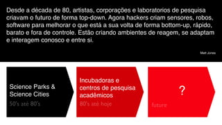 Desde a década de 80, artistas, corporações e laboratorios de pesquisa
criavam o futuro de forma top-down. Agora hackers criam sensores, robos,
software para melhorar o que está a sua volta de forma bottom-up, rápido,
barato e fora de controle. Estão criando ambientes de reagem, se adaptam
e interagem conosco e entre si.
                                                                    Matt Jones




                         Incubadoras e
 Science Parks &         centros de pesquisa
 Science Cities          acadêmicos                         ?
 50's até 80's           80's até hoje             future
 