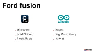 Ford fusion


   •   processing        •   arduino
   •   proMIDI library   •   megaServo library
   •   ﬁrmata library    •   motores
 