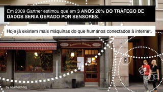 Em 2009 Gartner estimou que em 3 ANOS 20% DO TRÁFEGO DE
DADOS SERIA GERADO POR SENSORES.


Hoje já existem mais máquinas do que humanos conectados à internet.




by nearﬁeld.org
 