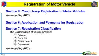 PUBLIC
Registration of Motor Vehicle
Section 5: Compulsory Registration of Motor Vehicles
Amended by BP74
Section 6: Application and Payments for Registration
Section 7: Registration Classification
The Classification of vehicle shall be:
(1) Private
(2) For Hire
(3) Government
(4) Diplomatic
Amended by BP74
 