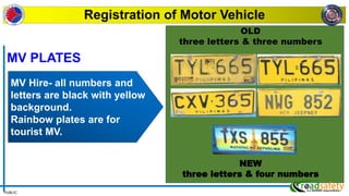 PUBLIC
Registration of Motor Vehicle
MV Hire- all numbers and
letters are black with yellow
background.
Rainbow plates are for
tourist MV.
OLD
three letters & three numbers
NEW
three letters & four numbers
MV PLATES
 