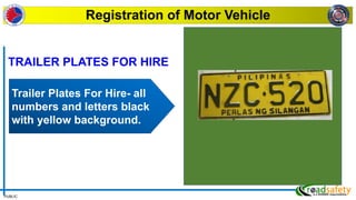 PUBLIC
Registration of Motor Vehicle
Trailer Plates For Hire- all
numbers and letters black
with yellow background.
TRAILER PLATES FOR HIRE
 