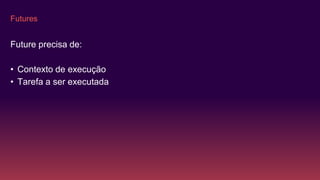 Futures
Future precisa de:
• Contexto de execução
• Tarefa a ser executada
 