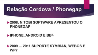 Relação Cordova / Phonegap
2008, NITOBI SOFTWARE APRESENTOU O
PHONEGAP
IPHONE, ANDROID E BB4
2009 ... 2011 SUPORTE SYMBIAN, WEBOS E
WP7
 