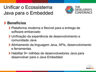 Globalcode – Open4education
Unificar o Ecossistema
Java para o Embedded
Benefícios
Plataforma moderna e flexível para a entrega de
software embarcado
Unificação da experiência de desenvolvimento e
comunidade Java
Alinhamento da linguagem Java, APIs, desenvolvimento
e ferramentas
Habilitar 9+ milhões de desenvolvedores Java para
desenvolver para o Java Embedded
 