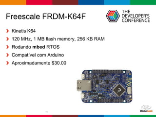 Globalcode – Open4education
Freescale FRDM-K64F
Kinetis K64
120 MHz, 1 MB flash memory, 256 KB RAM
Rodando mbed RTOS
Compatível com Arduino
Aproximadamente $30.00
19
 