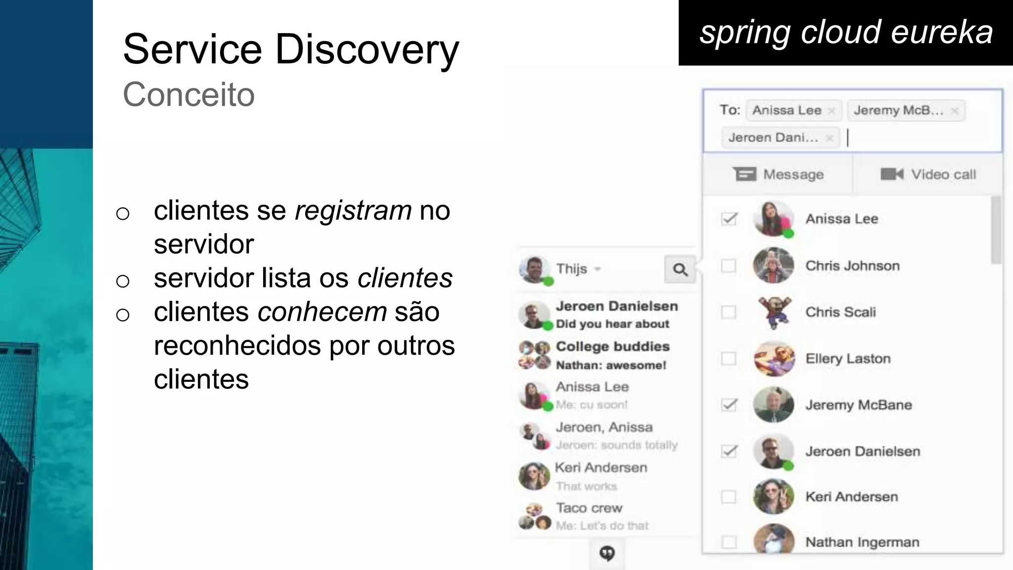 spring cloud eureka
Service Discovery
Conceito
o clientes se registram no
servidor
o servidor lista os clientes
o clientes conhecem são
reconhecidos por outros
clientes
 