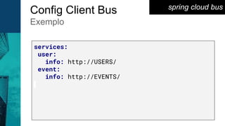 spring cloud bus
Config Client Bus
Exemplo
services:
user:
info: http://USERS/
event:
info: http://EVENTS/
 